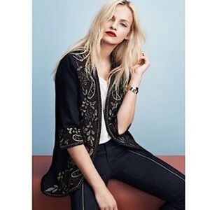 H&M Black Metallic Gold Embroidered Open Front Beaded Blazer Woman’s Size 2